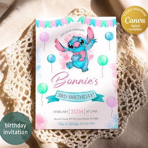 Printable Editable Stitch Invitation, Lilo and Stitch Birthday Invite, Stitch Party Invite template, girl birthday, boy bday