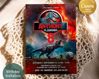 T-Rex Dinosaur Birthday Invitation, Editable Canva Template (Digital Download)