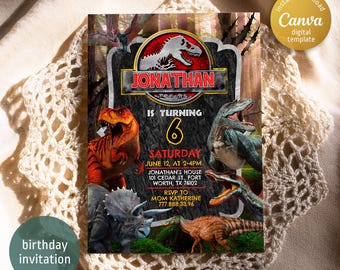 Dinosaur Birthday Invitation, T-Rex Party, Editable Canva Template (Digital Download)