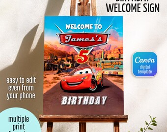 Letrero de bienvenida de cumpleaños de Rayo McQueen, fiesta de carreras (descarga digital)