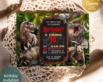May include: A digital birthday invitation with a dinosaur theme. The invitation includes the text "Anthony is turning 10" with event details. The design incorporates illustrations of various dinosaurs and tropical foliage.