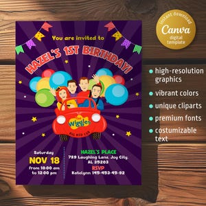 Printable Wiggles birthday invite, Wiigle Birthday Invitation, editable music invitation, wiggles car birthday party