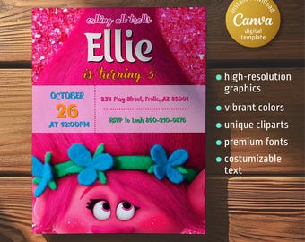 Editable Trolls Birthday Invitation, Poppy Party (Digital Download)