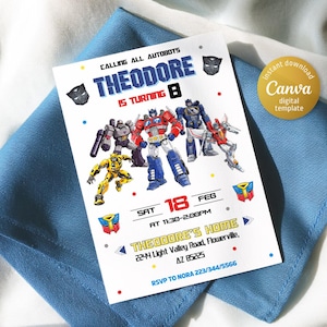 May include: A Transformers themed birthday party invitation with a white background and colorful accents. The invitation features a group of Transformers characters, including Optimus Prime, Bumblebee, and Megatron. The text on the invitation reads "Calling all Autobots, Theodore is turning 8, Sat 18 Feb at 11:30-2:00pm, Theodore's Home, 2244 Light Valley Road, Flowerville, AZ 85225, RSVP to Nora 223/344/5566".