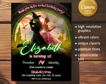 May include: A digital invitation for a birthday party with a green and gold theme. The invitation features two characters from the musical "Wicked", the text "Elizabeth is turning 12!" and event details. The Canva template includes high-resolution graphics and customizable text.