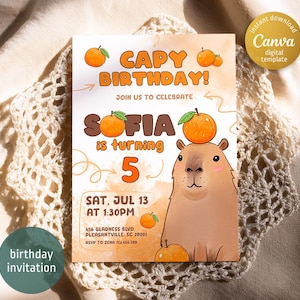 Invitación de cumpleaños de capibara, invitación de cumpleaños de capibara linda imprimible y editable, plantilla digital de invitación a fiesta de capibara divertida