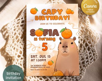 Capybara Birthday Invitation, Printable Template (Digital Download)