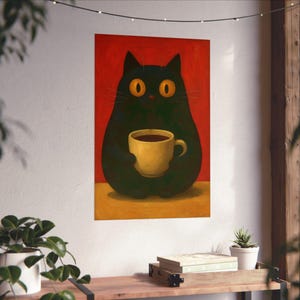 Cat Coffee Poster, Cozy Wall Decor, Wall Art, Cat Lover Gift, Coffee Themed Art, Cute Home Aesthetic, Coffee Poster, Kitchen Decor