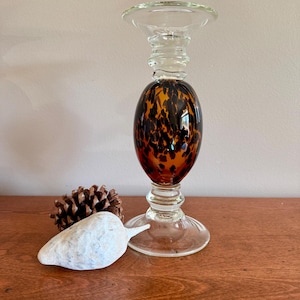 Amber Bubble Glass Hurricane Candle Holder | Vintage Tortoiseshell | Mid-Century Modern Decor | 11 inch Glass Candleholder