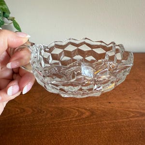 Fostoria America clear square handled nappy bowl. Vintage shallow, open serving dish with handle. Mid century elegant glassware.