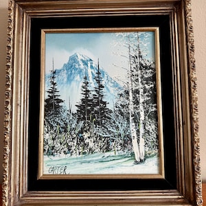 カーターのサイン入りの冬の風景の油絵。ロバート・カーターによるヴィンテージのミッドセンチュリー、オリジナルアート。