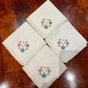Vintage Embroidered Floral Handkerchiefs- Set of 4 | Delicate Cotton Hankies with Hand Stitched Flowers | Cottagecore