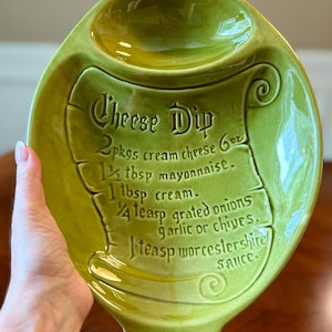 Vintage mid-century, modern avocado green dish with classic cheese dip recipe – retro mid-century relish tray .