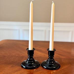 Set of two vintage black glass tapered candlestick holders | Art deco aesthetic | Excellent Vintage Condition