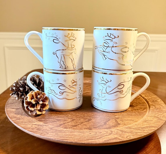Set of 4 Reindeer Mugs | White & Gold Rimmed | The Rudolph Company | Vintage Christmas Mugs with Gold Trim | Vintage Wear
