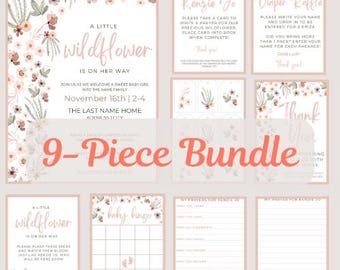 May include: A 9-piece baby shower bundle with a floral wildflower theme. The set includes invitations, prayer cards, a diaper raffle, thank you cards, baby bingo, and more. The design features soft pink and beige colors with delicate floral accents and the text "A Little Wildflower".