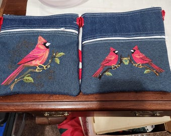 Embroidered Cardinal  Body 2 Pocket Purse