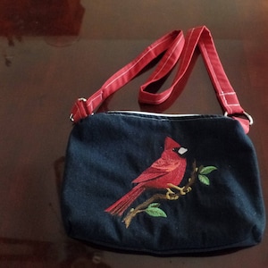Upcycled Embroidered Cardinal Or Peacock Denim Handbag 11 X 7