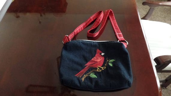 Upcycled Embroidered Cardinal Or Peacock Denim Handbag 11 X 7