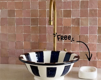 Lavabo de cerámica marroquí geométrico en blanco y negro | Lavabo artesanal pintado a mano