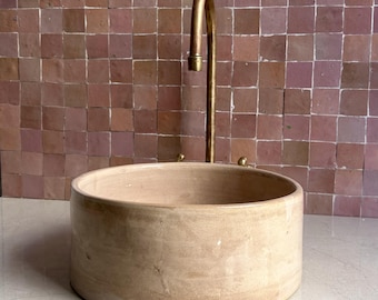 Handmade Beige Clay Vessel Sink | Artisan Round Bathroom Basin | Natural Moroccan Wash Bowl