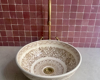 Lavabo de cerámica marroquí beige | Lavabo de cerámica floral para baño | Lavabo de encimera artesanal