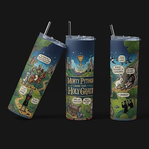 May include: Three stainless steel insulated tumblers with lids and straws. Each tumbler features a colorful illustration inspired by Monty Python and the Holy Grail, with various scenes and quotes from the film.