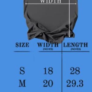 May include: A dark gray t-shirt with size, width, and length measurements in inches. The sizes range from S to 2XL, with widths from 18 to 26 inches and lengths from 28 to 32.5 inches.