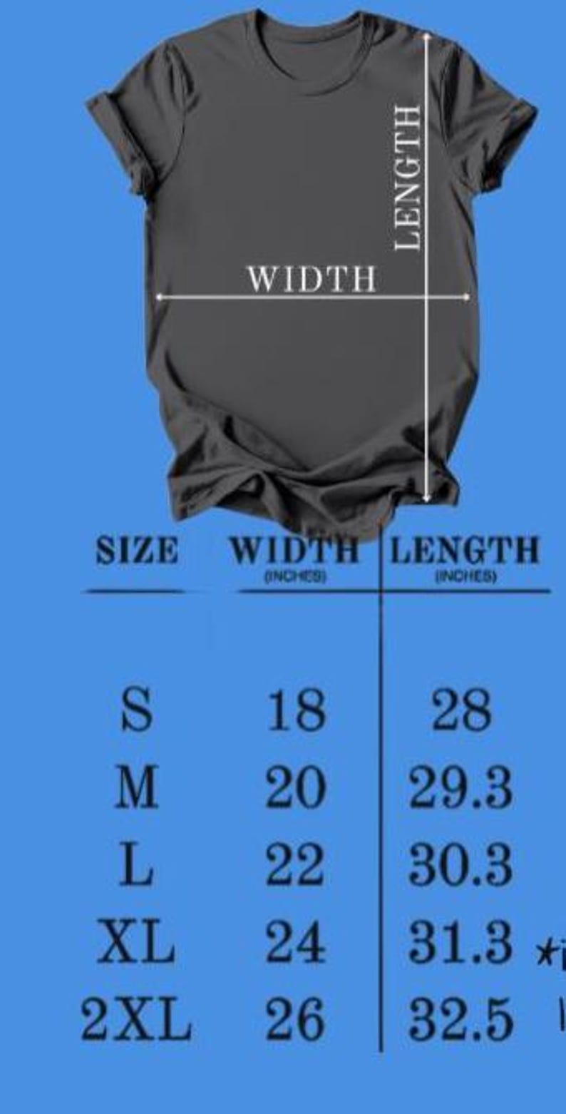May include: A dark gray t-shirt with size, width, and length measurements in inches. The sizes range from S to 2XL, with widths from 18 to 26 inches and lengths from 28 to 32.5 inches.