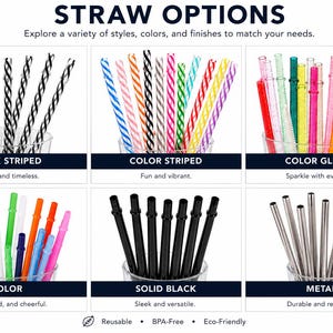 Pode incluir: Imagem mostrando v&aacute;rias op&ccedil;&otilde;es de palhinhas: listradas em preto, listradas coloridas, com glitter colorido, pretas s&oacute;lidas, coloridas e met&aacute;licas. Cada estilo &eacute; exibido em um copo transparente, com texto descritivo abaixo. O texto no topo diz "STRAW OPTIONS".