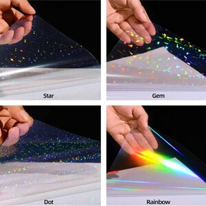 May include: Four samples of decorative film are displayed, each held by a hand. The samples include Star, Gem, Dot, and Rainbow patterns. The Star film has a dark background with scattered glitter. The Gem film has a holographic effect. The Dot film has a glittery appearance. The Rainbow film has a vibrant, multi-colored effect.