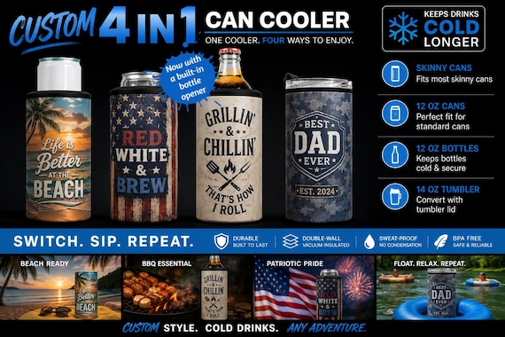 Custom 4 in 1 Can cooler, koozie, personalized, unique