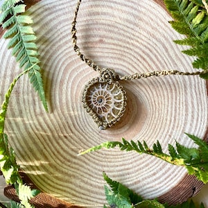 Handmade Macrame Ammonite Fossil Pendant | Brass Beads | Boho Necklace | Nautilus Shell | Adjustable Cord | Olive Green | Jatulikoru