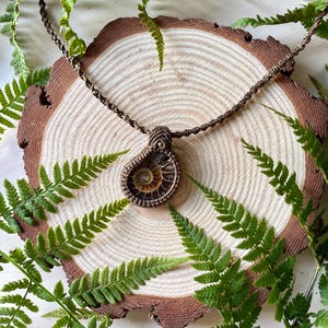 Handmade Macrame Ammonite Fossil Pendant | Brass Beads | Boho Necklace | Nautilus Shell | Adjustable Cord | Brown | Jatulikoru