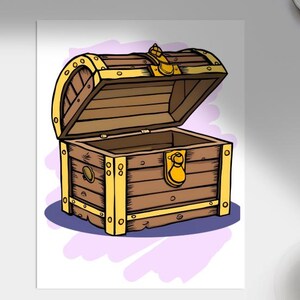 May include: An open wooden treasure chest with gold accents and a brass lock. The chest is sitting on a purple and white background.