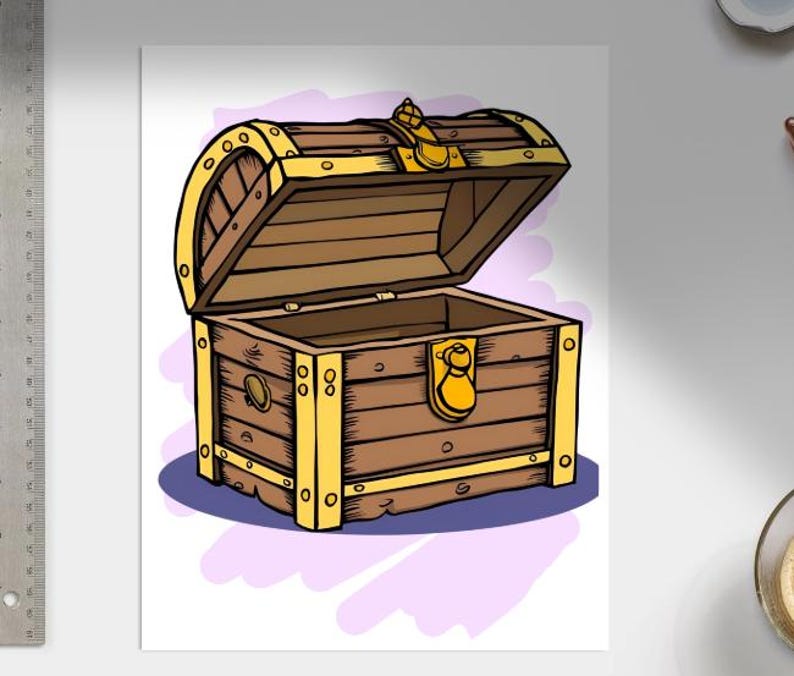 May include: An open wooden treasure chest with gold accents and a brass lock. The chest is sitting on a purple and white background.