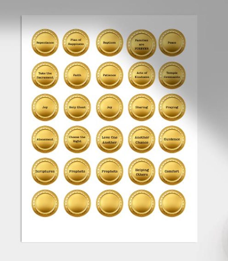 May include: A set of 20 gold-colored round stickers with various religious phrases printed on them. The phrases include "Repentance", "Plan of Happiness", "Baptism", "Families are Forever", "Peace", "Take the Sacrament", "Faith", "Patience", "Acts of Kindness", "Temple Covenants", "Joy", "Holy Ghost", "Joy", "Sharing", "Praying", "Atonement", "Choose the Right", "Love One Another", "Another Chance", "Guidance", "Scriptures", "Prophets", "Prophets", "Helping Others", and "Comfort".