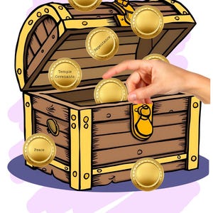 May include: A wooden treasure chest with a golden lock and hinges is open, revealing a pile of gold coins. The coins have words on them, including "Families are Forever", "Repentance", "Temple Covenants", and "Peace".