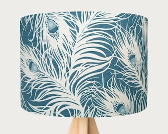 Teal Peacock Feather Lampshade, Table Lamp, Floor Lamp, Ceiling Pendant, Drum Lampshade, 15cm, 20cm, 25cm, 30cm, 35cm, 40cm Diameter