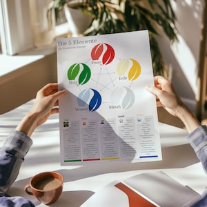 May include: A person holds a poster titled "Die 5 Elemente" with colorful circular graphics representing elements like wood, fire, earth, metal, and water. The poster includes German text and a diagram of interconnected elements.