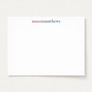 May include: A rectangular white stationery card featuring the name masonmatthews printed in a serif font at the top center. The word mason is in a dark red color, and the word matthews is in a dark blue color. The card has a clean, flat surface.