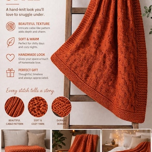 May include: An orange hand-knit blanket with a cable-like pattern, draped over a wooden ladder. The blanket features a detailed border and is described as soft, warm, and a perfect gift. The text on the image says "Cozy Comfort, Timeless Style."
