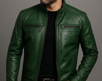 Men Green Cafe Racer Vintage Motorcycle Leather Jacket