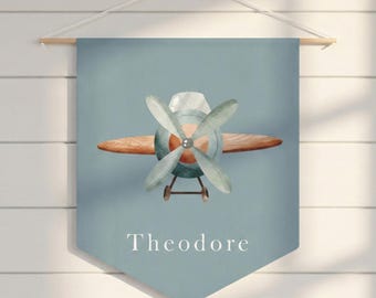 Vliegtuig kinderkamer banner wanddecoratie babykamer decor bord aangepaste naam vluchtkunst vintage stijl luchtvaart thema jongen slaapkamer muur hangen