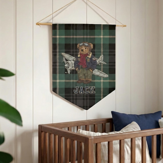 Personalized Wall Banner Airplane Nursery Teddy Bear Pilot Themed Vintage Ralph Lauren Decor Custom Name Baby Gift Aviation Room