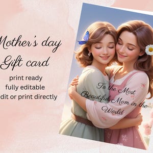 Tarjeta del Día de la Madre / Mamá e hija / Temática rosa y morado / Doble cara / Descarga instantánea / Personalizable en Canva