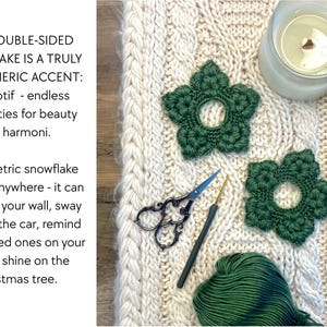 May include: Two dark green, crocheted snowflake ornaments with a central hole, displayed on a cream-colored, textured surface. A pair of small scissors, a crochet hook, and a ball of green yarn are also present. The image includes text about the snowflakes.