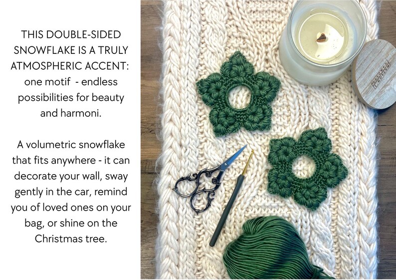 May include: Two dark green, crocheted snowflake ornaments with a central hole, displayed on a cream-colored, textured surface. A pair of small scissors, a crochet hook, and a ball of green yarn are also present. The image includes text about the snowflakes.