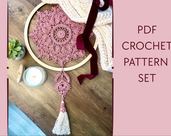 Crochet Wall Hanging Pattern Set PDF, Boho Mandala Hoop Decor, Textured Doily Pattern