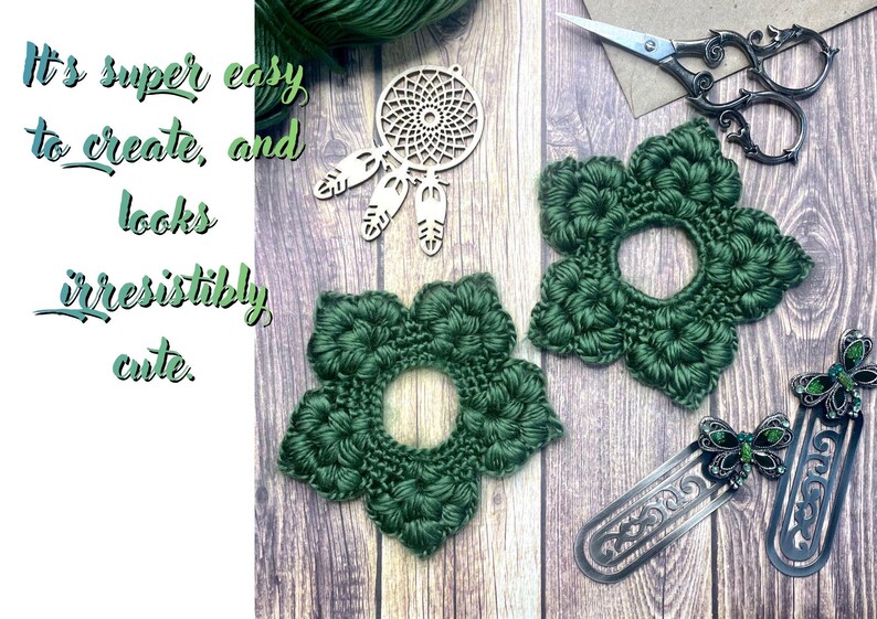 May include: A wooden dreamcatcher, two green crocheted flower shapes, and two silver bookmarks with green butterfly accents are arranged on a wooden surface. The text reads, "It's super easy to create, and looks irresistibly cute."